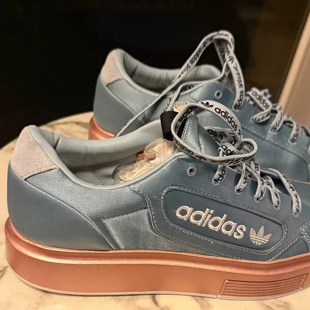 adidas Light Blue Satin Platform Sneakers with Rose Gold Sole - Picture 1 of 4
